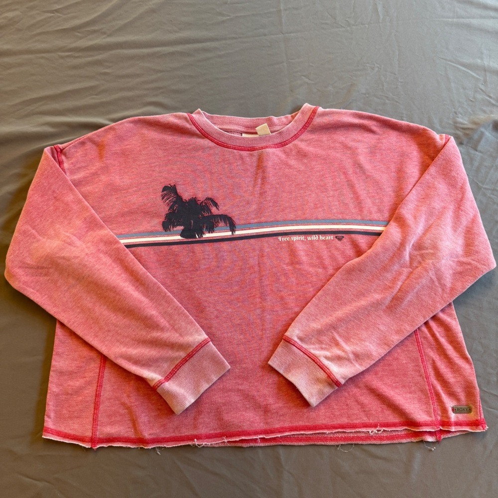 Roxy Sweatshirt Women M Faded Red Palm Tree Graphic‎ Pullover Crewneck
